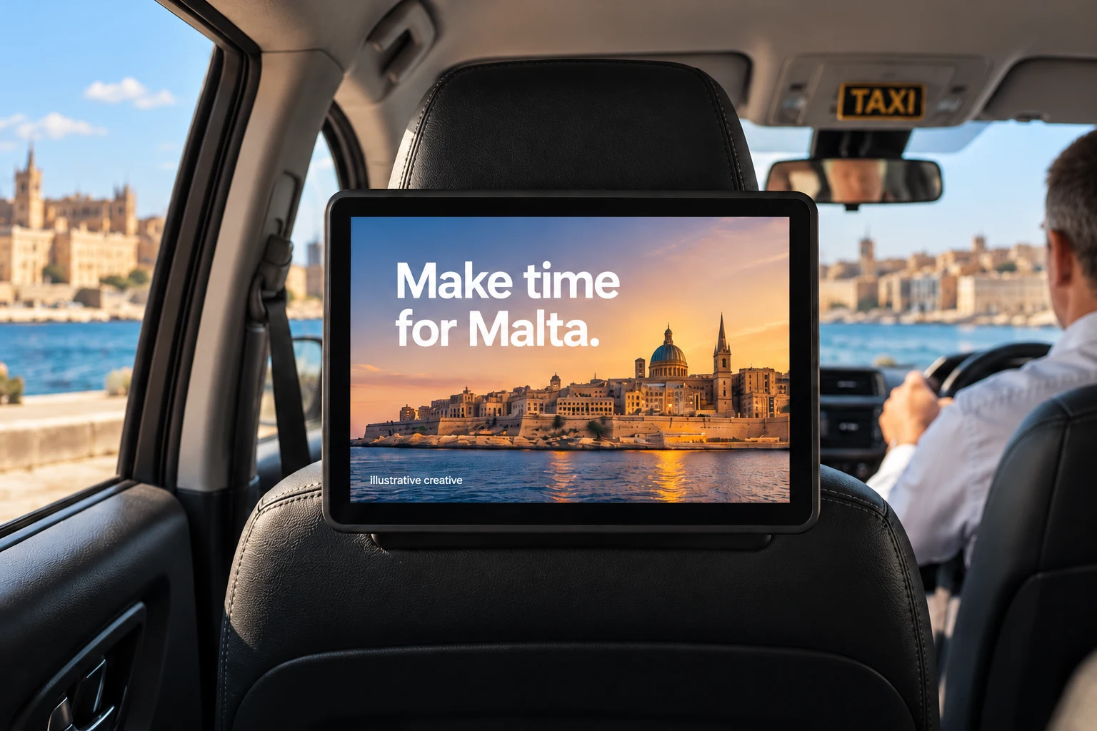 Illustrative taxi interior in Malta showing an advertising screen mounted at passenger eye level